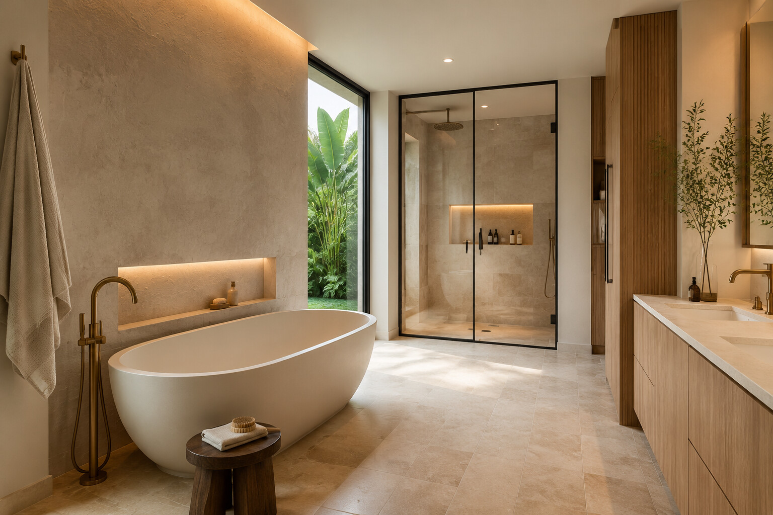 Warm primary bathroom with soaking tub and oak cabinetry