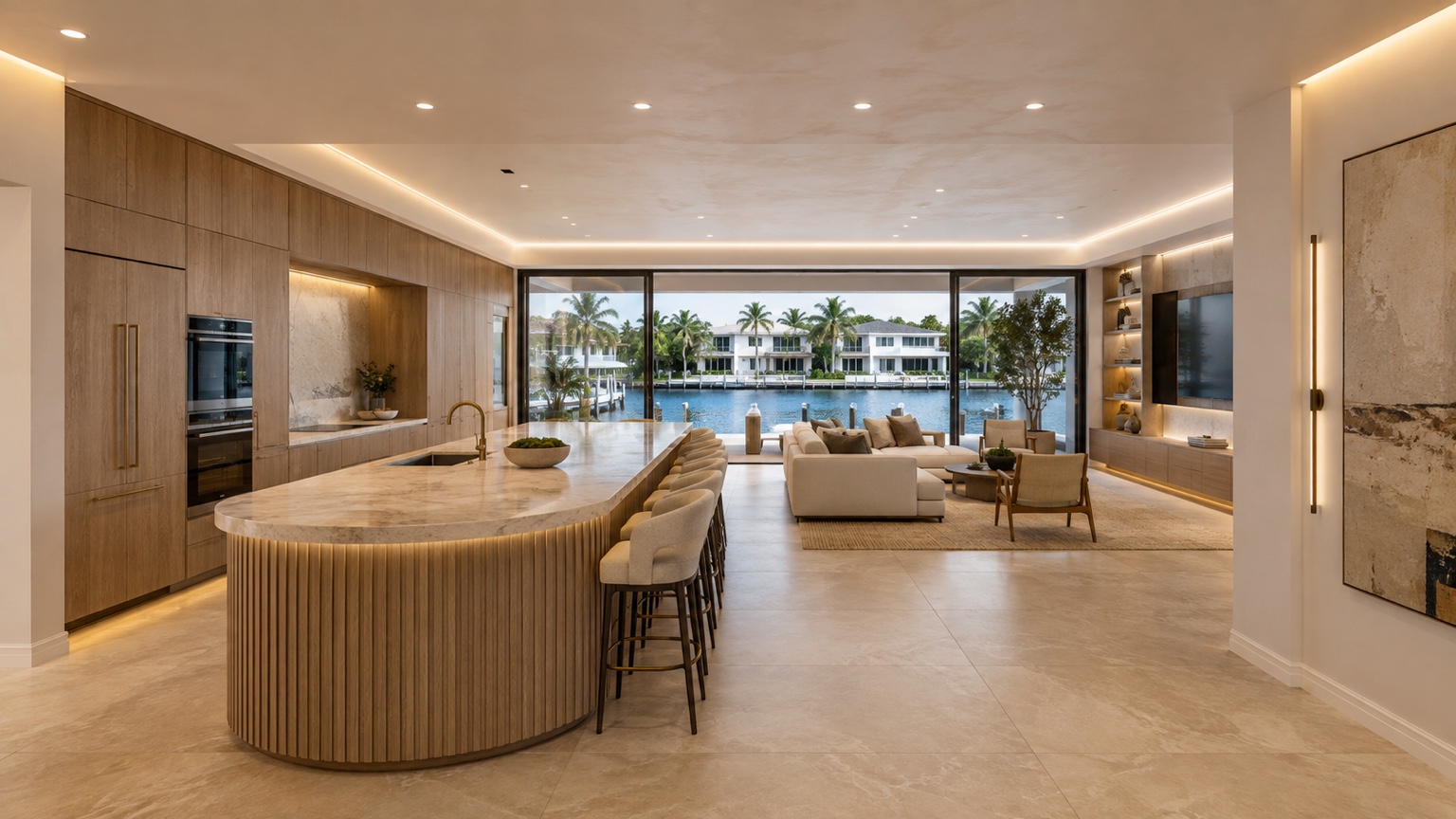 Rendered premium waterfront kitchen and living transformation